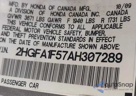 2010 Honda Civic Lx from USA, damaged, VIN 2HGFA1F57AH307289